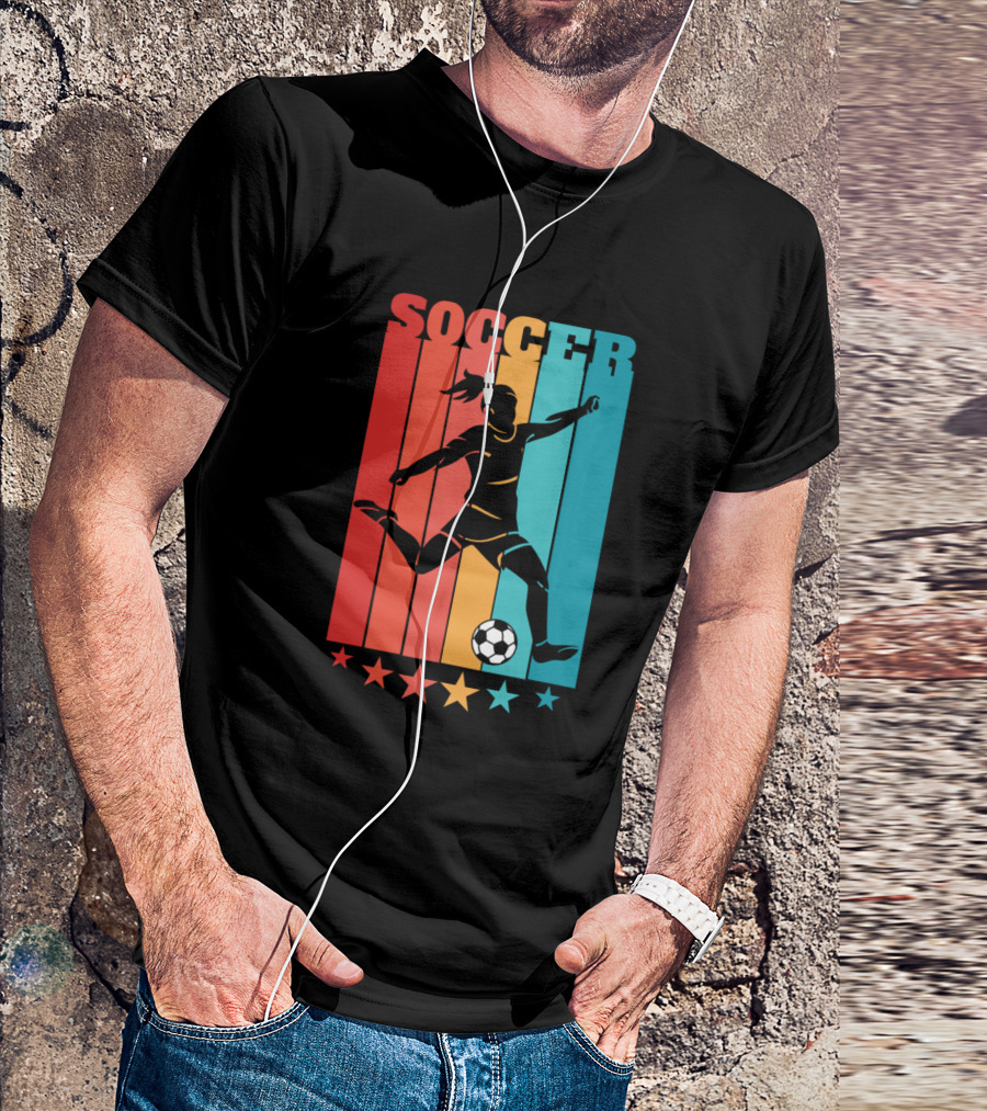 Retro Woman Soccer Player Silhouette Rainbow Stars T-Shirt