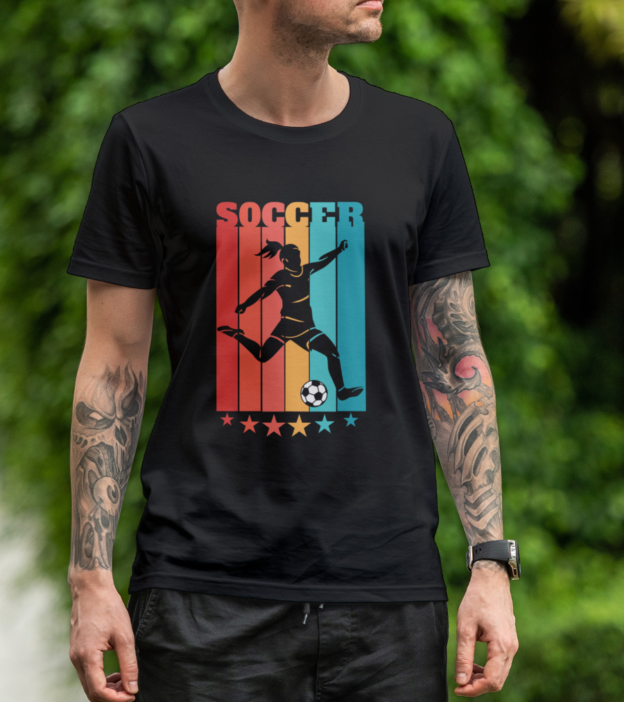 Retro Woman Soccer Player Silhouette Rainbow Stars T-Shirt