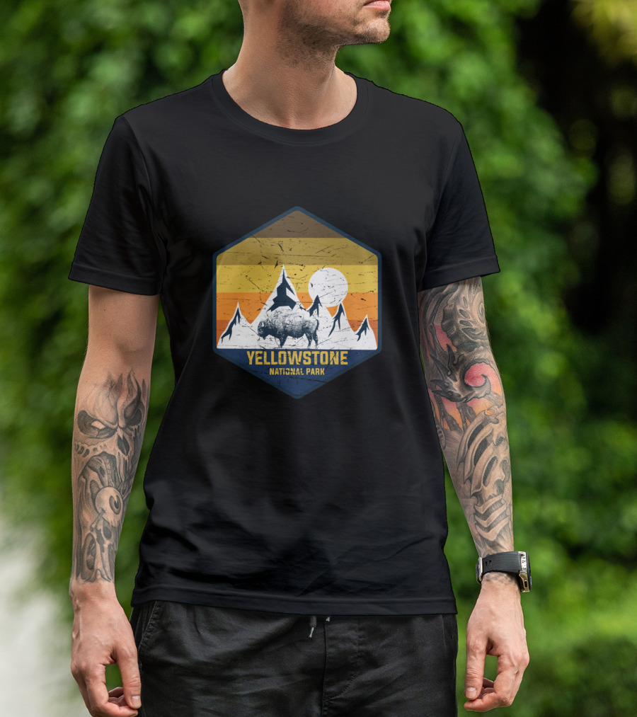 Yellowstone National Park Buffalo Mountains Sun Wyoming Camping Hiking T-Shirt