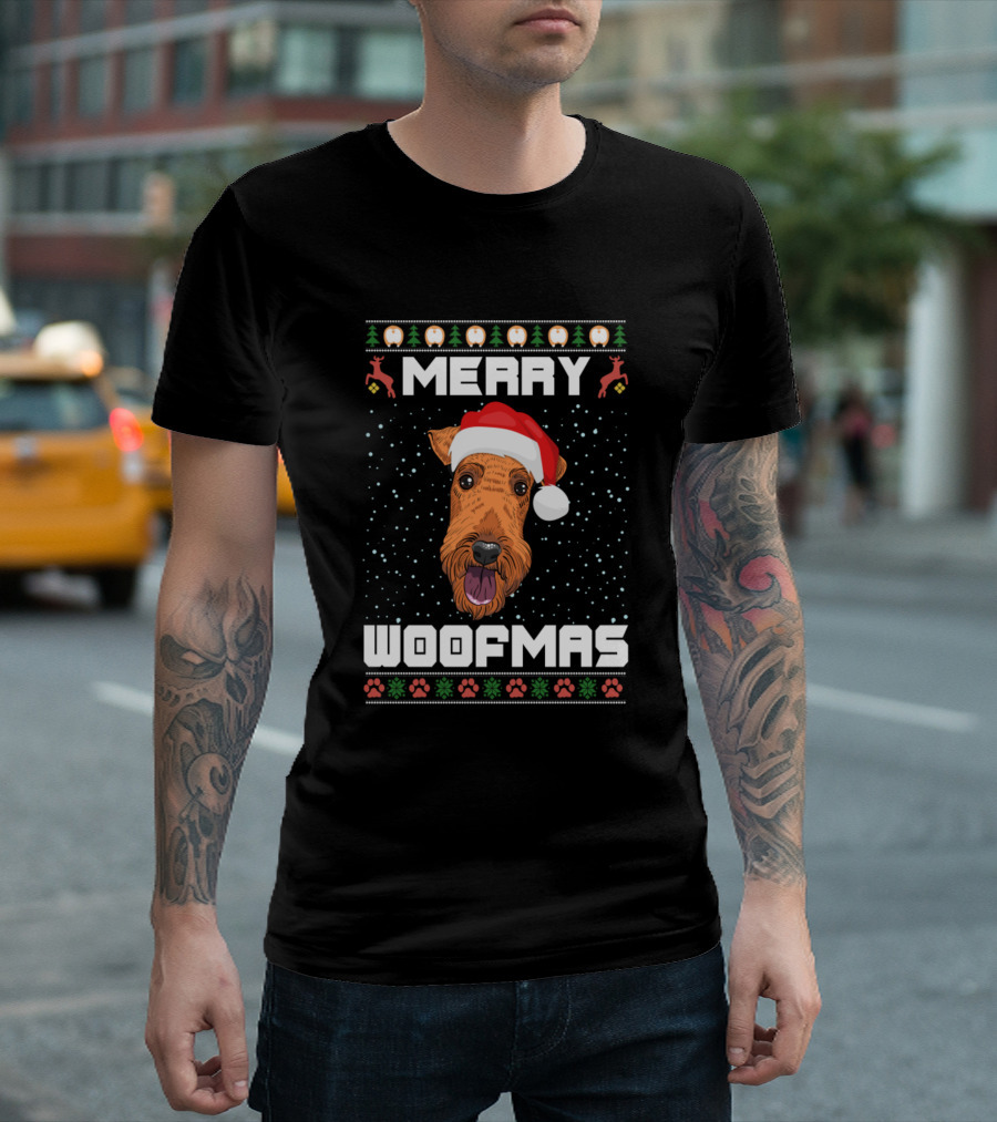 Merry Woofmas Airedale Terrier Christmas Sweater Santa Hat Snowflakes Paw Prints T-Shirt