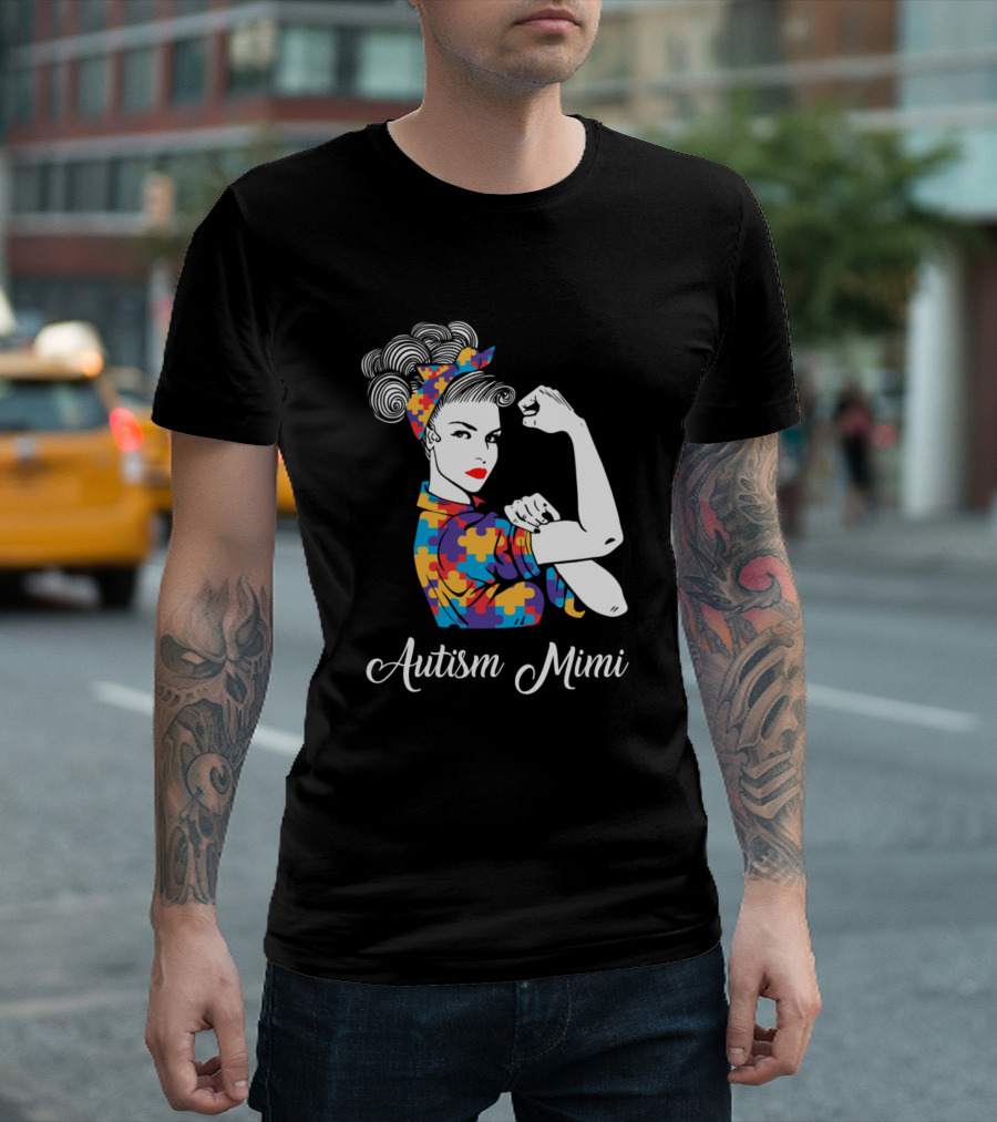 Autism Mimi Rosie the Riveter Puzzle Pattern Empowerment T-Shirt