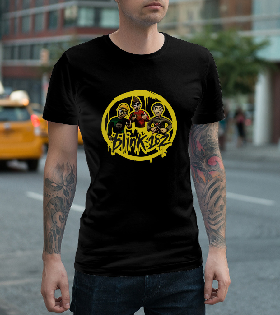 Blink 182 Cartoon Characters in Yellow Circle T-Shirt