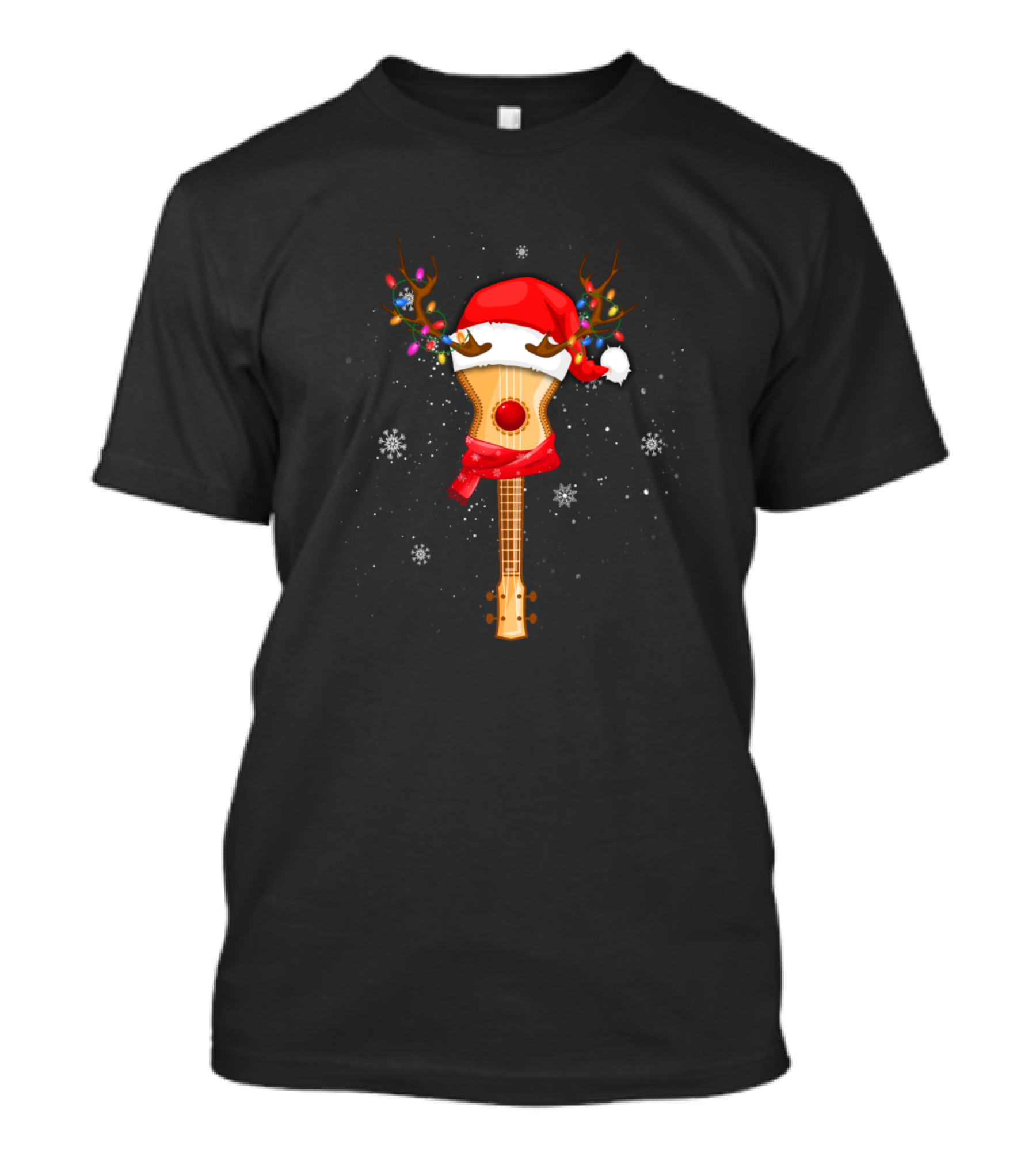 Cute Christmas Guitar With Santa Hat And Reindeer Antlers T-Shirt