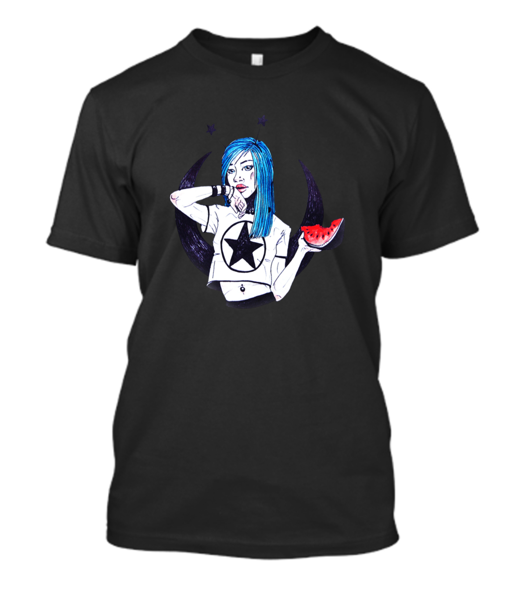 Blue-Haired Girl With Watermelon Slice And Star Shirt Moon Aesthetic T-Shirt