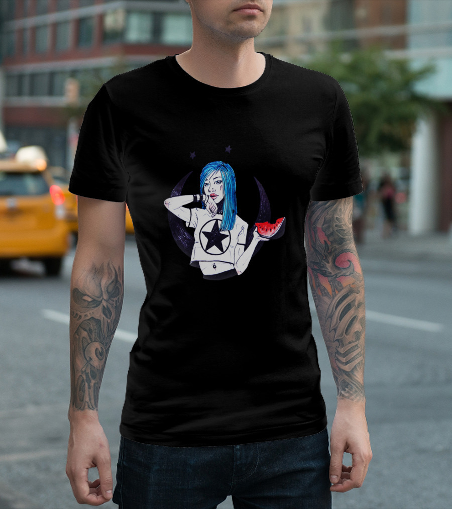 Blue-Haired Girl With Watermelon Slice And Star Shirt Moon Aesthetic T-Shirt