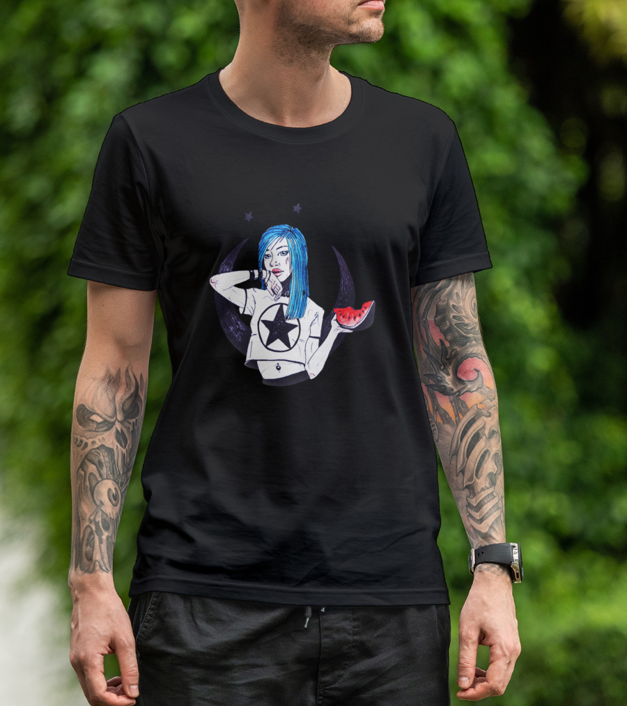 Blue-Haired Girl With Watermelon Slice And Star Shirt Moon Aesthetic T-Shirt