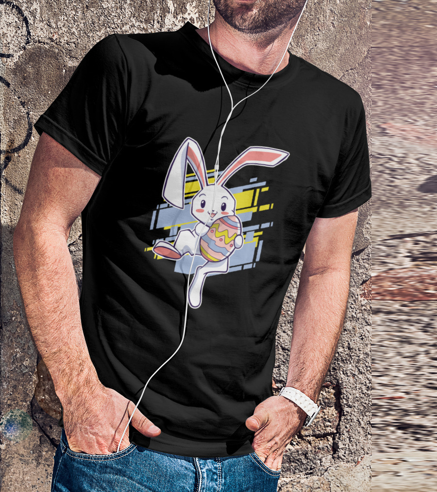 Easter Bunny With Colorful Egg On Retro Background T-Shirt