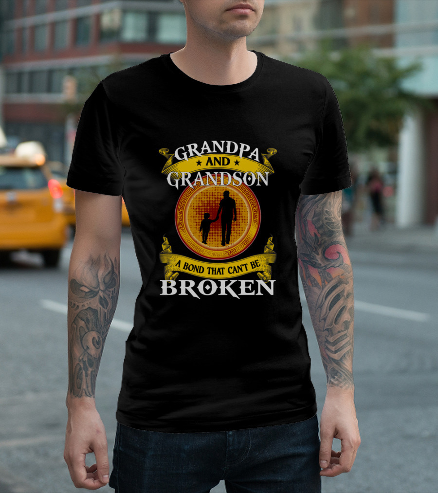 Grandpa And Grandson A Bond That Can't Be Broken Silhouette With Ribbon Banner T-Shirt