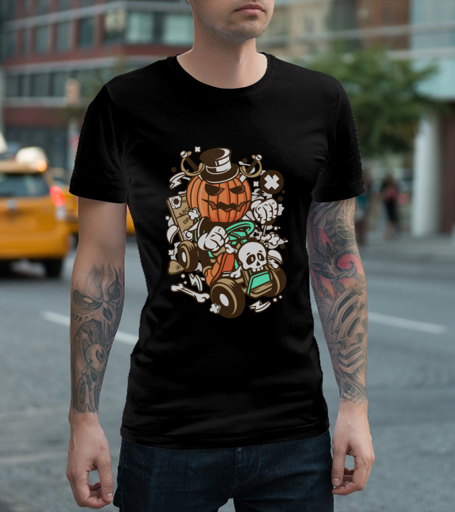 Halloween Ride with Pumpkin Head Racing Skulls and Cartoon Elements T-Shirt