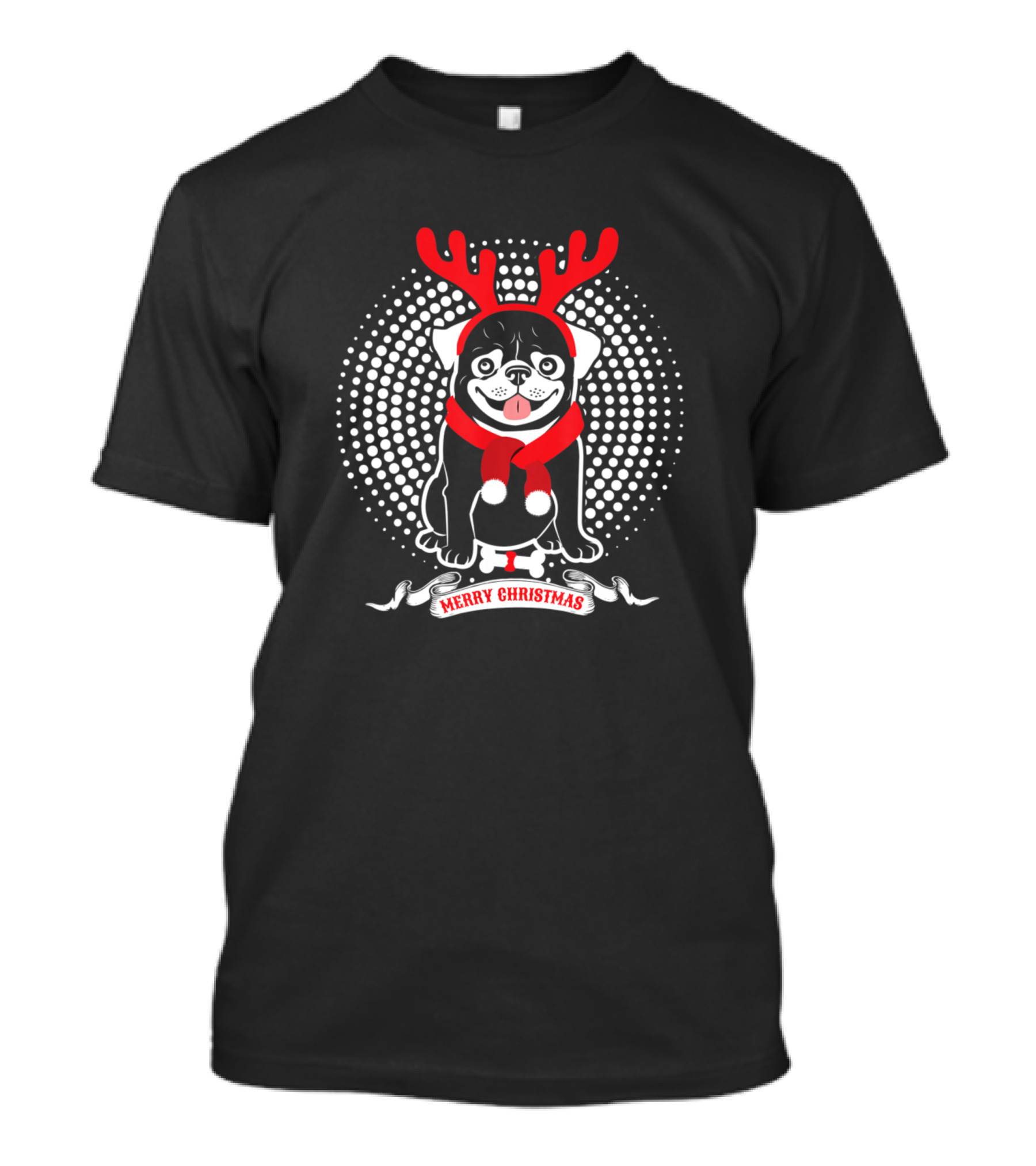 Merry Christmas Pug With Red Antlers And Scarf For Dog Lovers T-Shirt