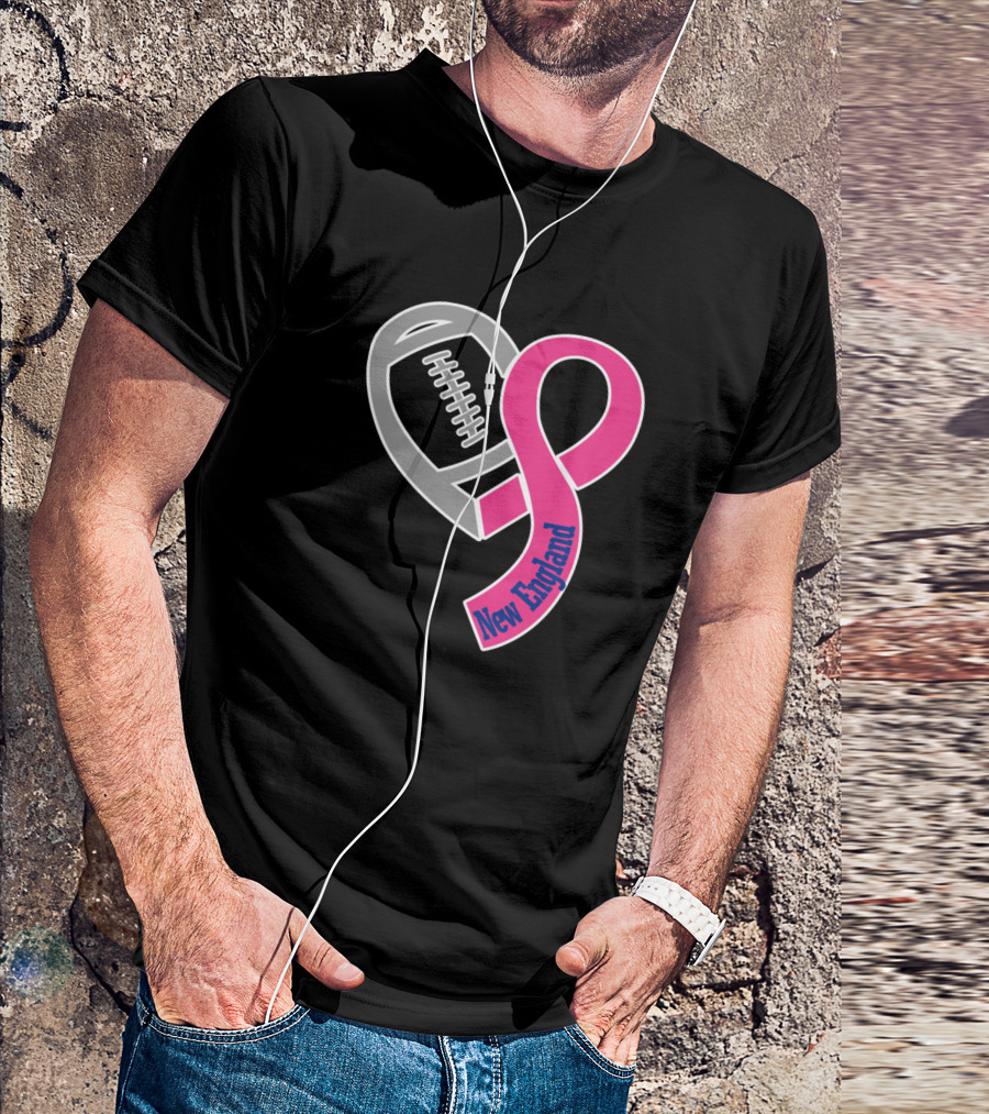 New England Football Heart Ribbon Breast Cancer Awareness T-Shirt