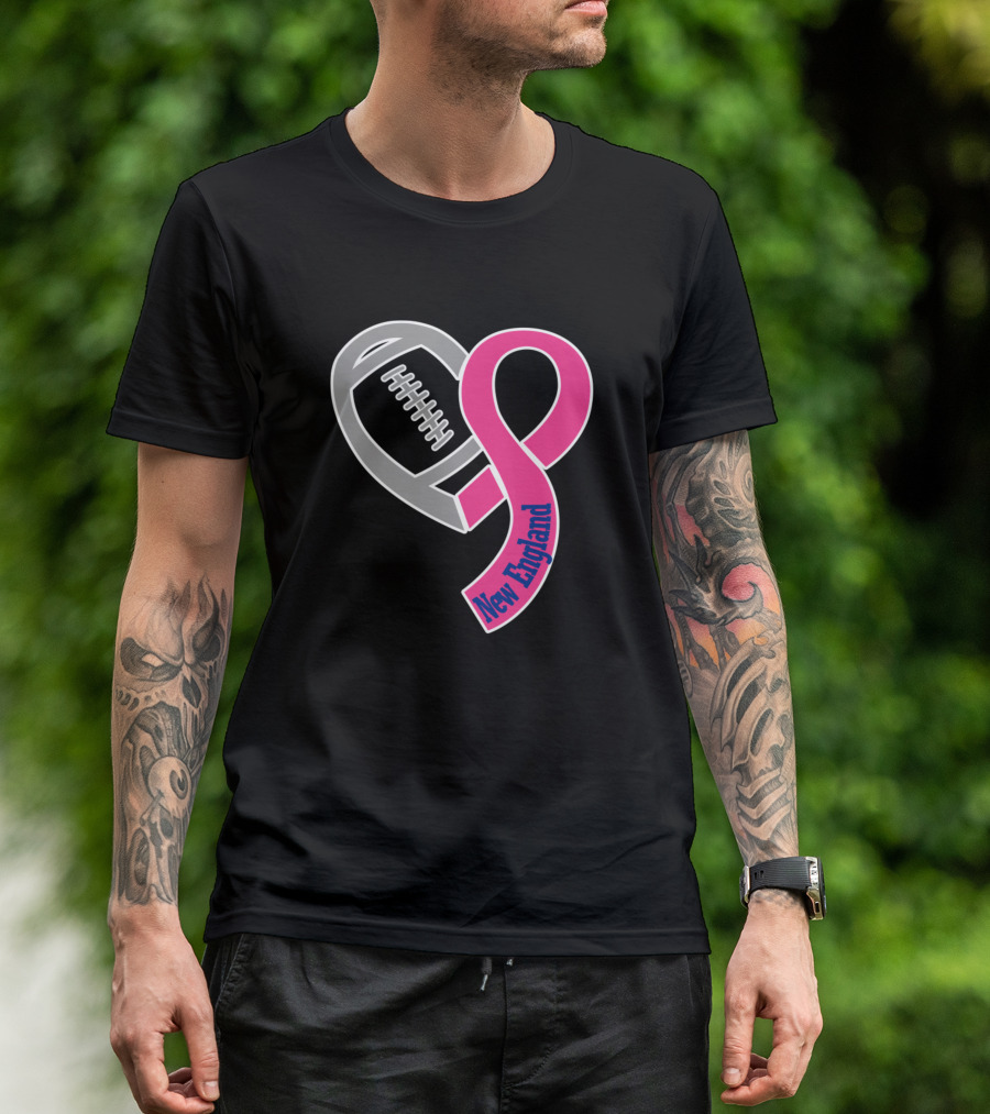 New England Football Heart Ribbon Breast Cancer Awareness T-Shirt
