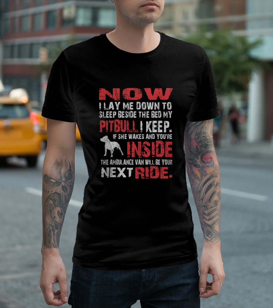 Now I Lay Me Down to Sleep Beside the Bed My Pitbull I Keep If She Wakes and You're Inside the Ambulance Van Will Be Your Next Ride T-Shirt