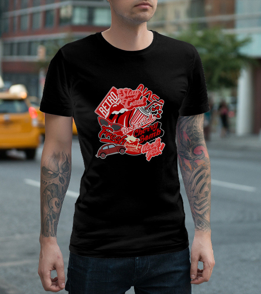 Retro Stay Cool Rock'n'Roll Cherry Bomb Fresh Vintage Motorcycle Heck Yes T-Shirt