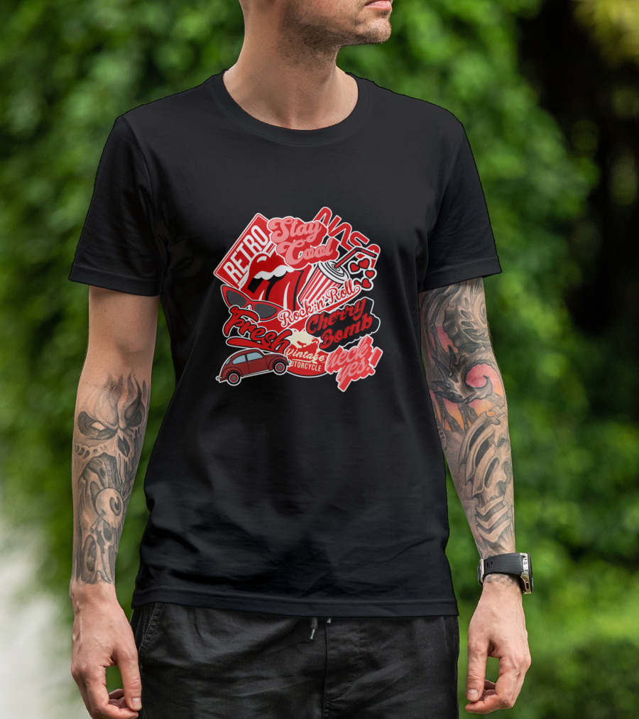 Retro Stay Cool Rock'n'Roll Cherry Bomb Fresh Vintage Motorcycle Heck Yes T-Shirt