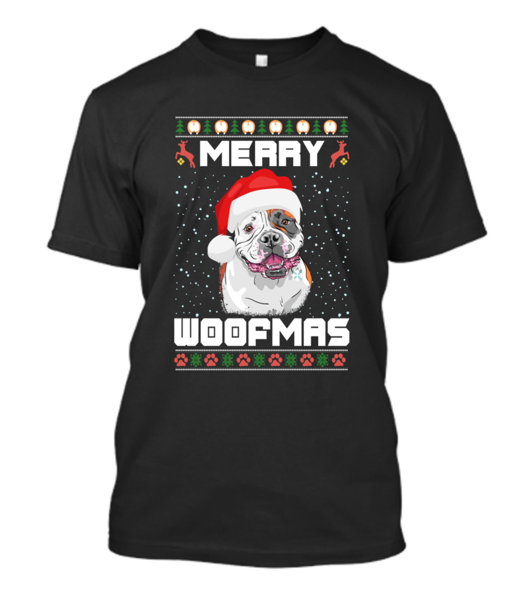 Merry Woofmas American Bulldog Santa Hat Snowflakes Reindeer Icons Paw Prints T-Shirt