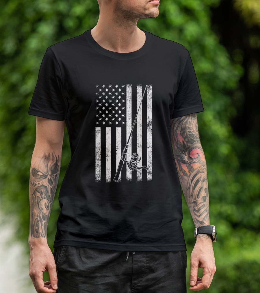 American Flag Fishing Rod Hobby Fun Sea Ocean T-Shirt