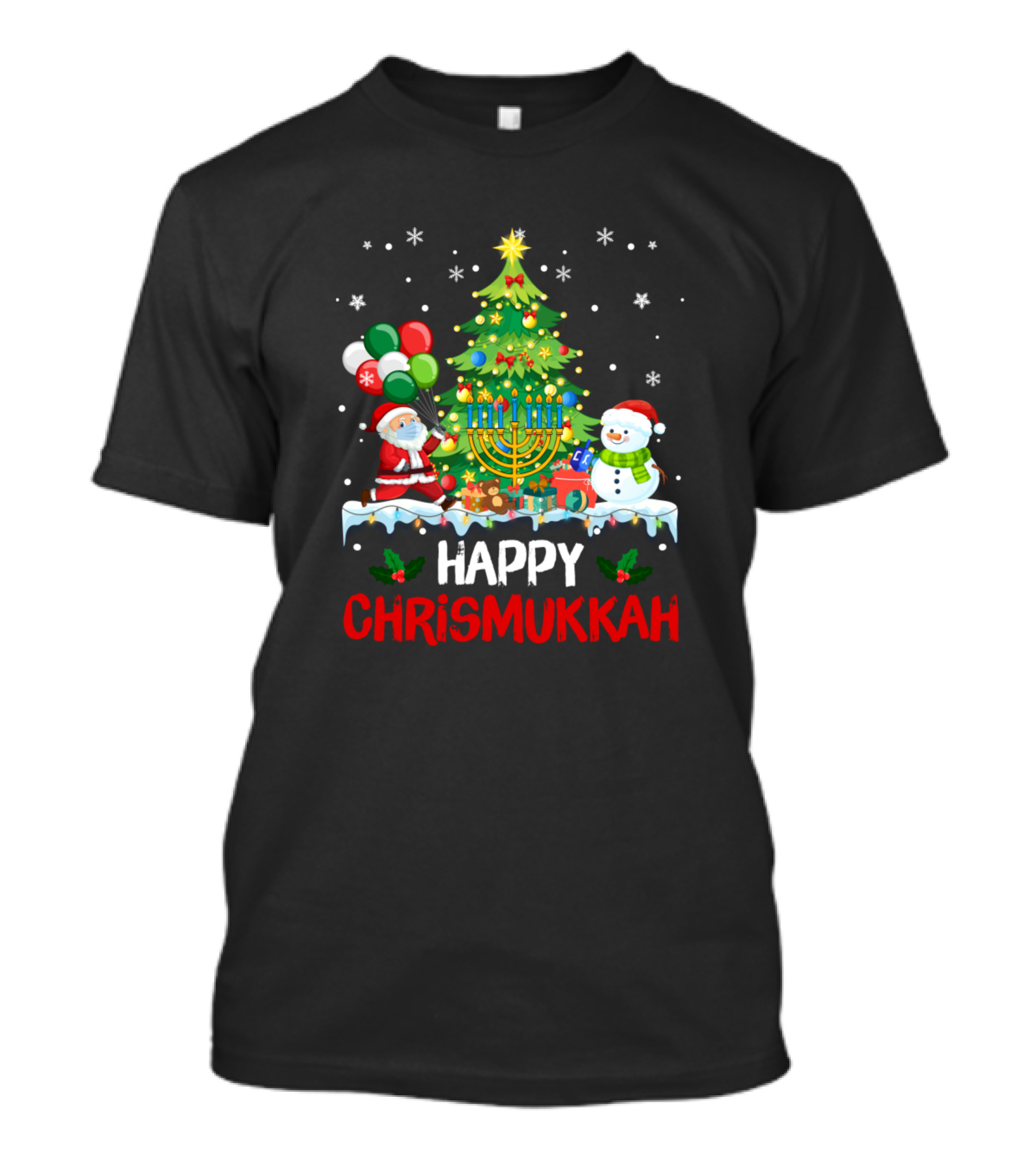 Happy Chrismukkah Funny Hanukkah Santa Snowman Tree Menorah Celebration Balloons T-Shirt