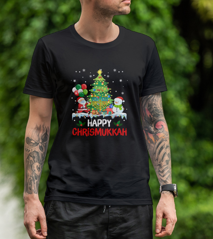 Happy Chrismukkah Funny Hanukkah Santa Snowman Tree Menorah Celebration Balloons T-Shirt