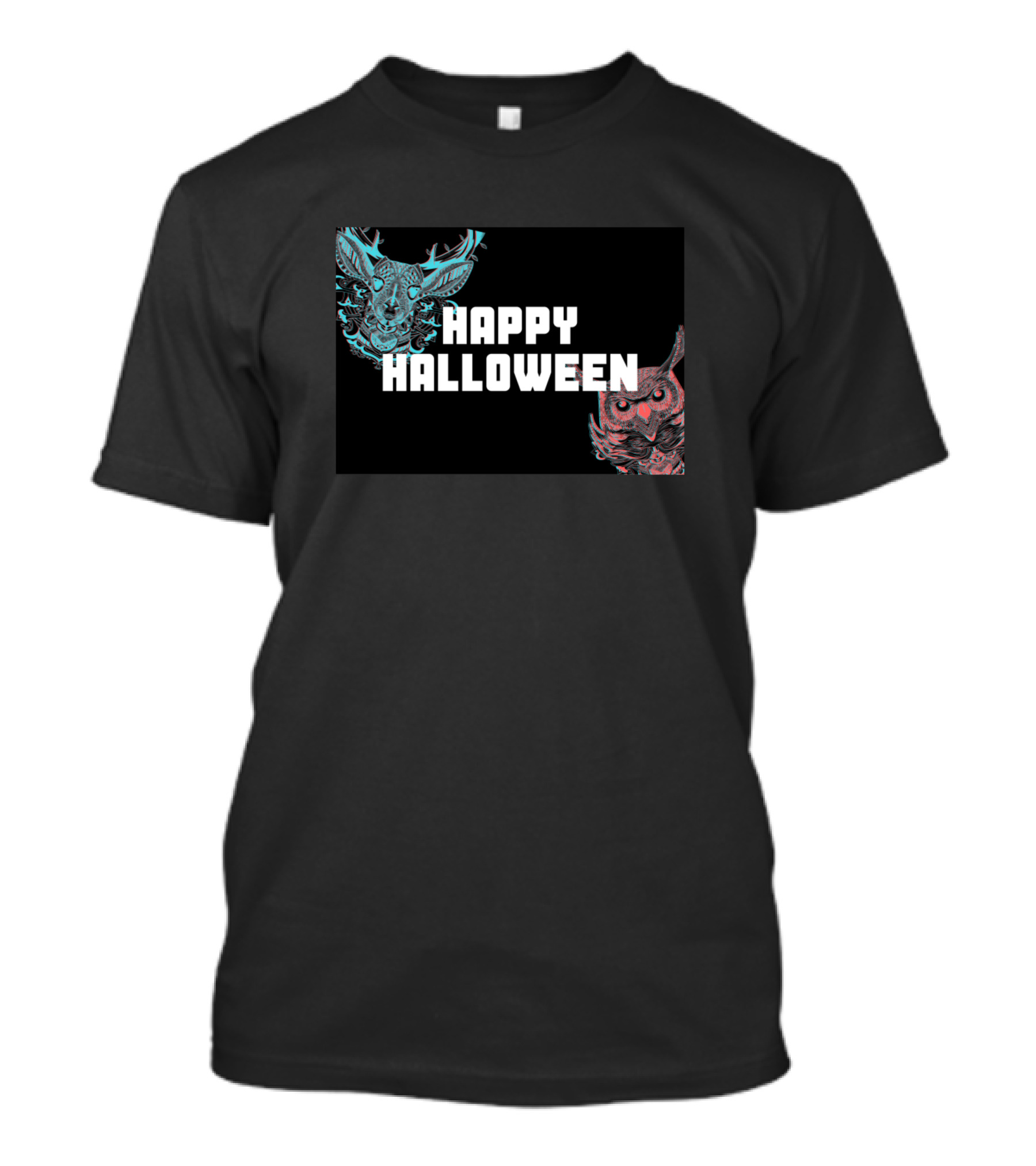 Happy Halloween Black And White Illustrated Owl And Deer T-Shirt