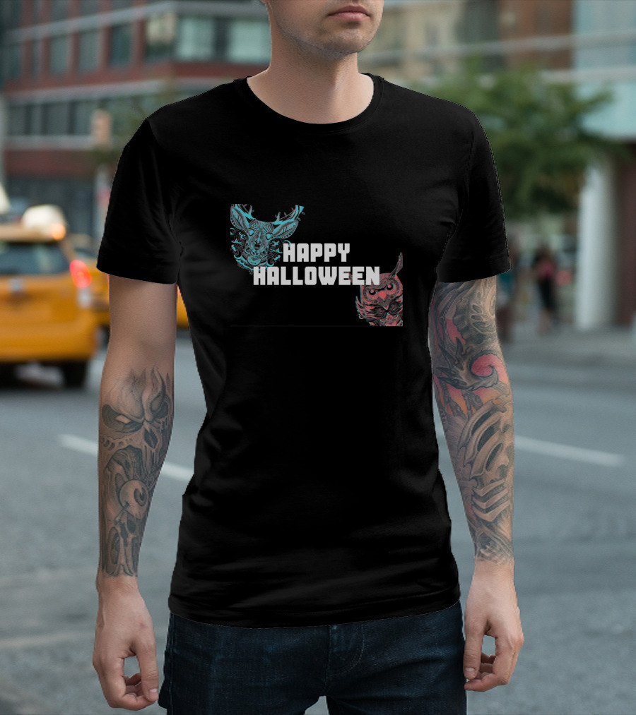 Happy Halloween Black And White Illustrated Owl And Deer T-Shirt