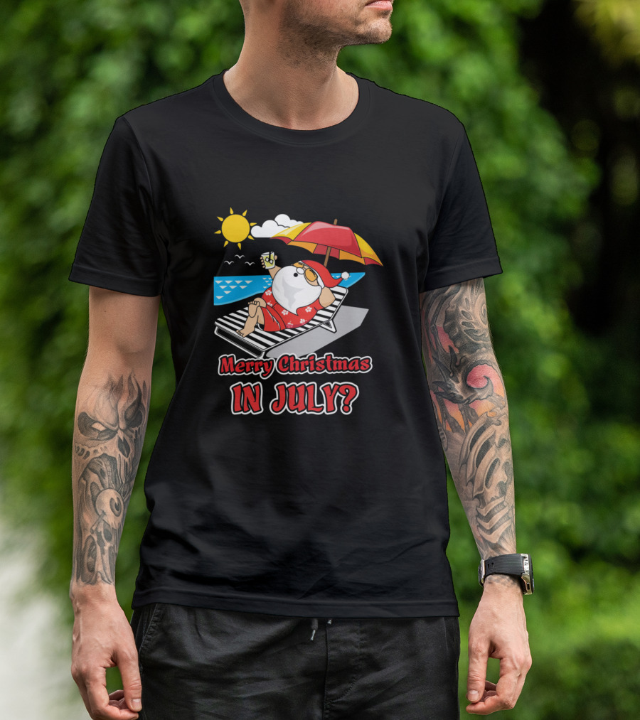 Merry Christmas In July Santa Sunbathing With Cocktail Under Umbrella T-Shirt