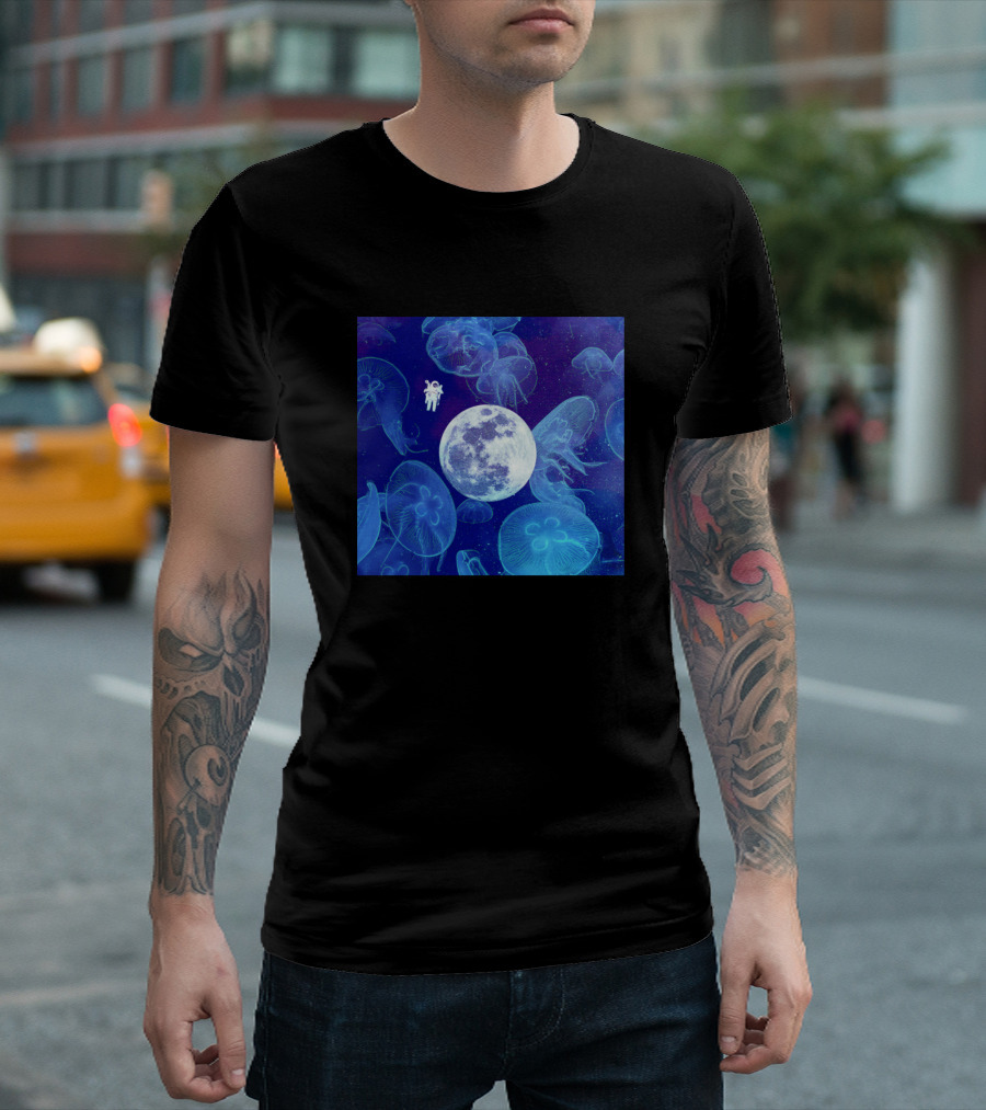 Astronaut Floating With Moon And Jellyfish In Space T-Shirt