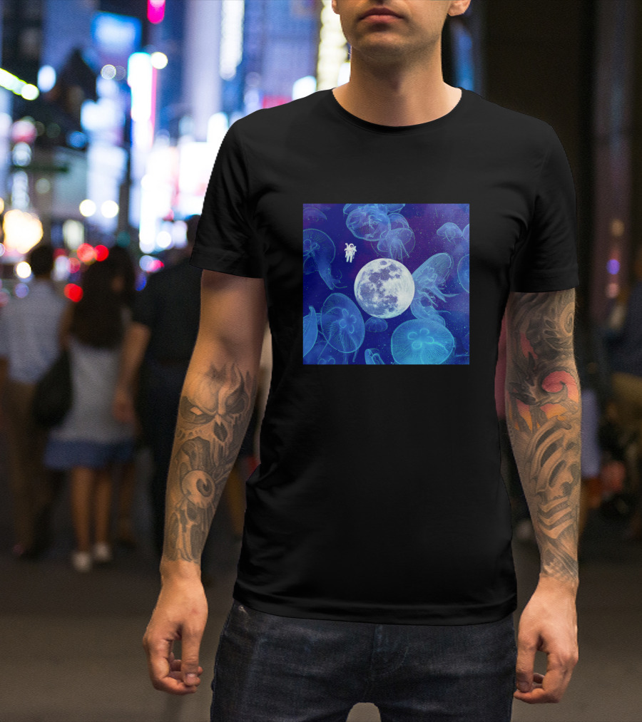 Astronaut Floating With Moon And Jellyfish In Space T-Shirt