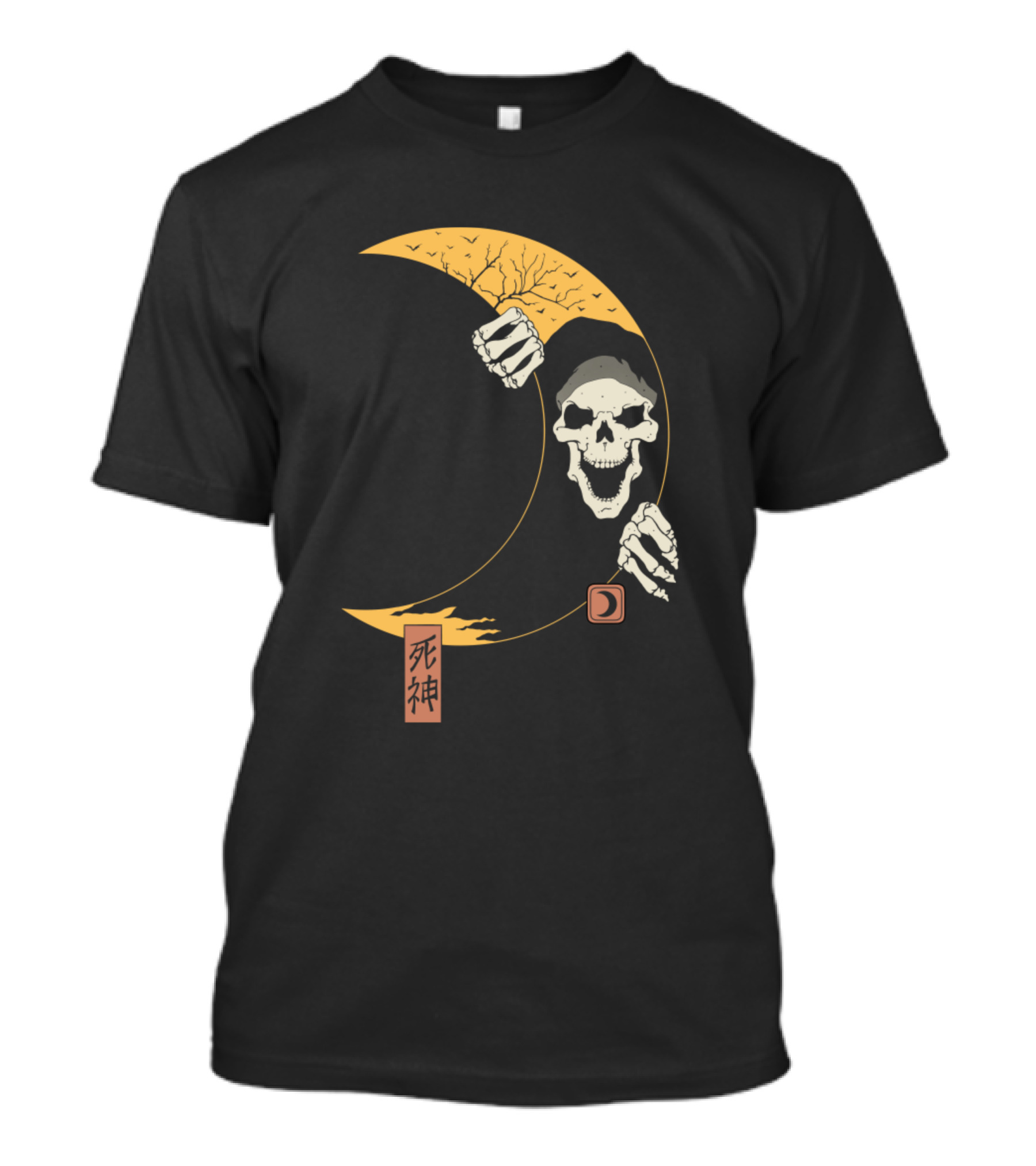 Moon Reaper Japanese Kanji Skull In Crescent Yellow Crescent T-Shirt