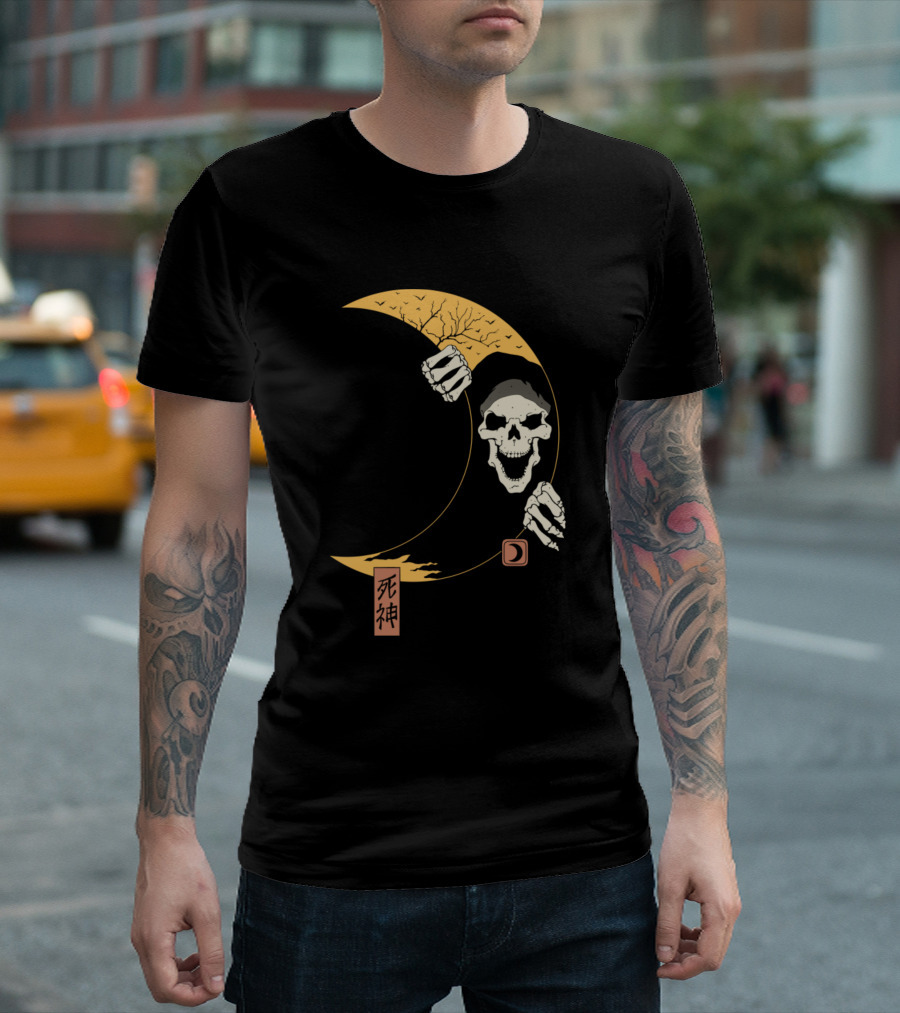 Moon Reaper Japanese Kanji Skull In Crescent Yellow Crescent T-Shirt