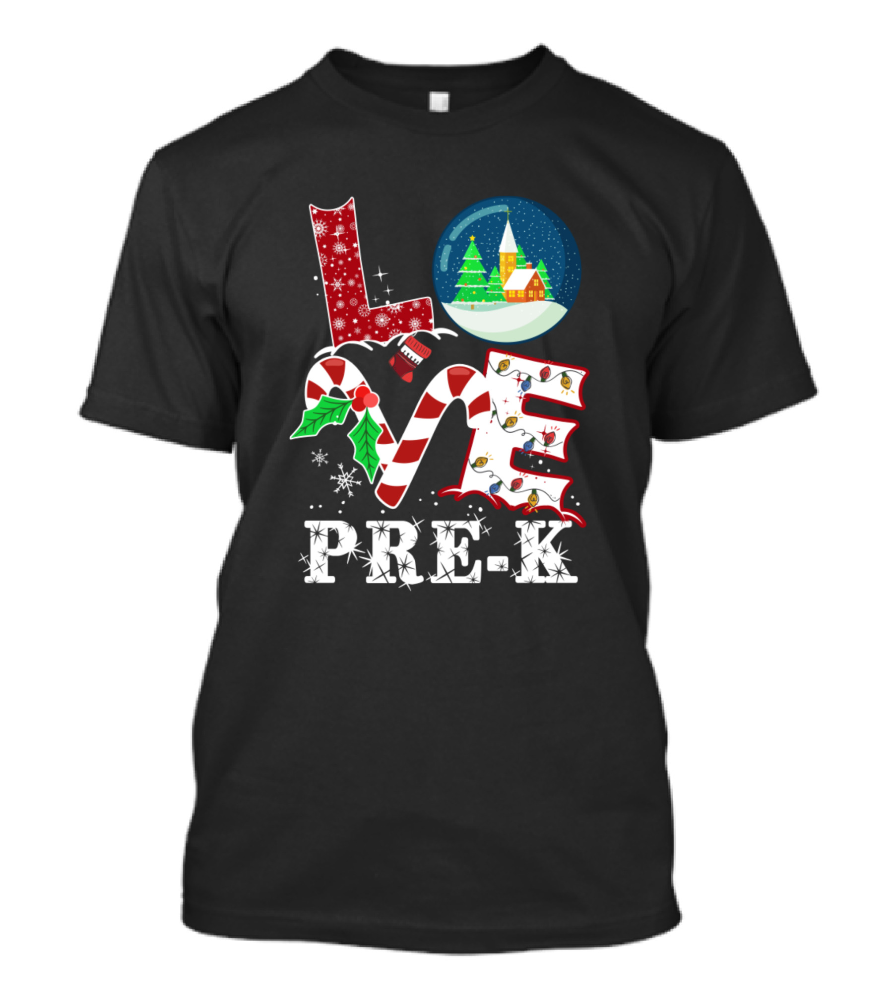 Love Pre-K Christmas Celebration Snow Globe Candy Cane T-Shirt