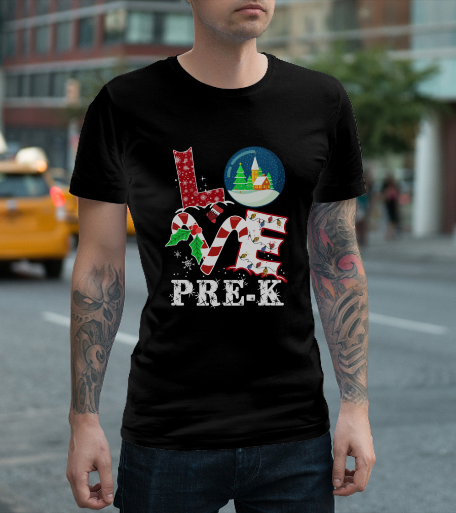 Love Pre-K Christmas Celebration Snow Globe Candy Cane T-Shirt