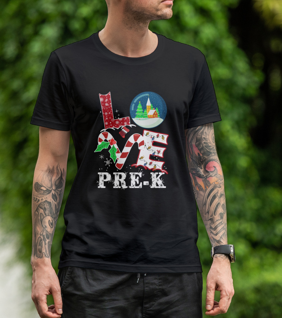 Love Pre-K Christmas Celebration Snow Globe Candy Cane T-Shirt