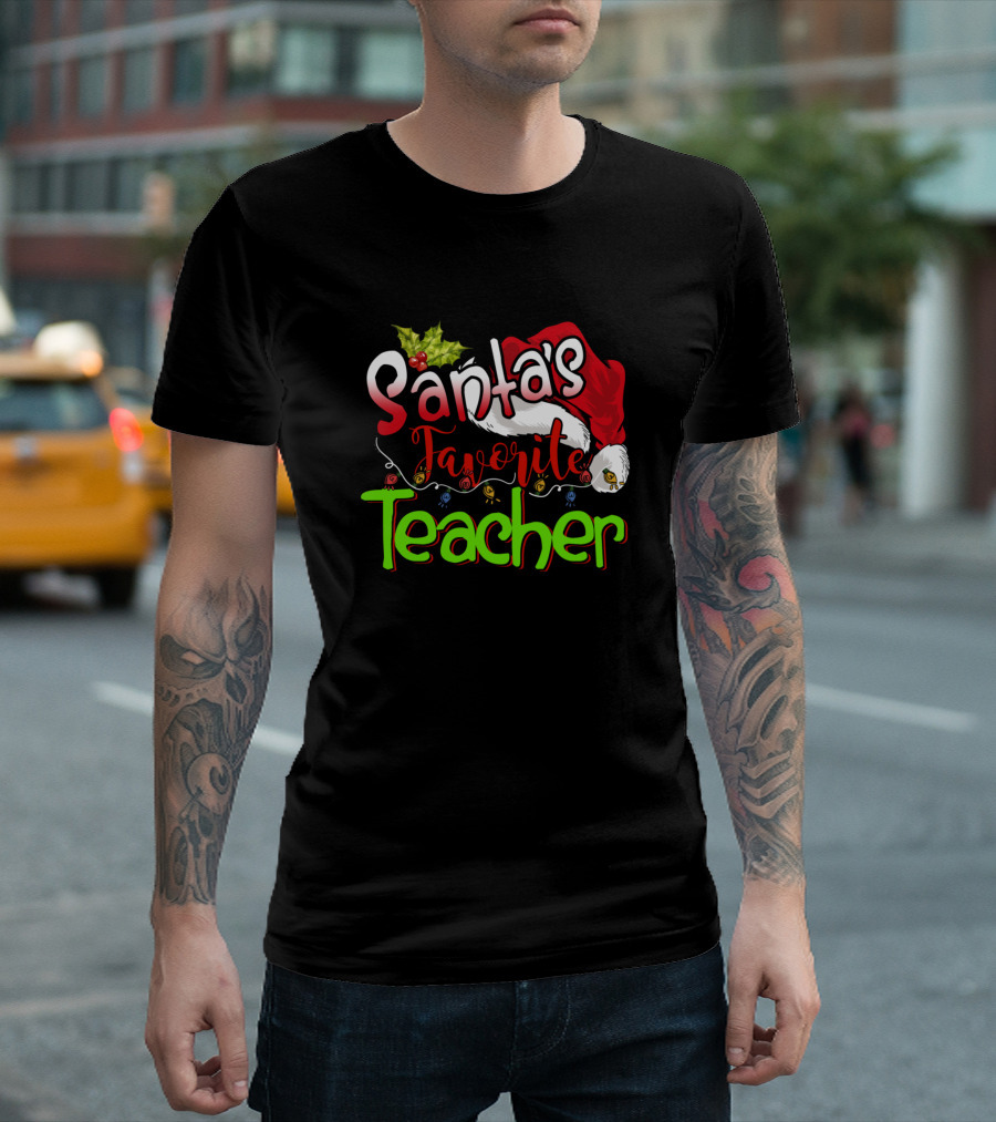 Santa's Favorite Teacher Christmas Santa Hat Lights T-Shirt