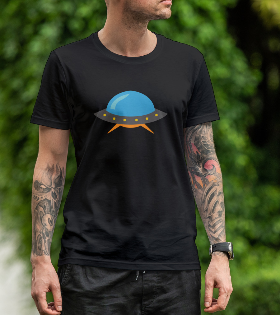 UFO Spaceship Cartoon Design With Blue Dome And Orange Legs T-Shirt