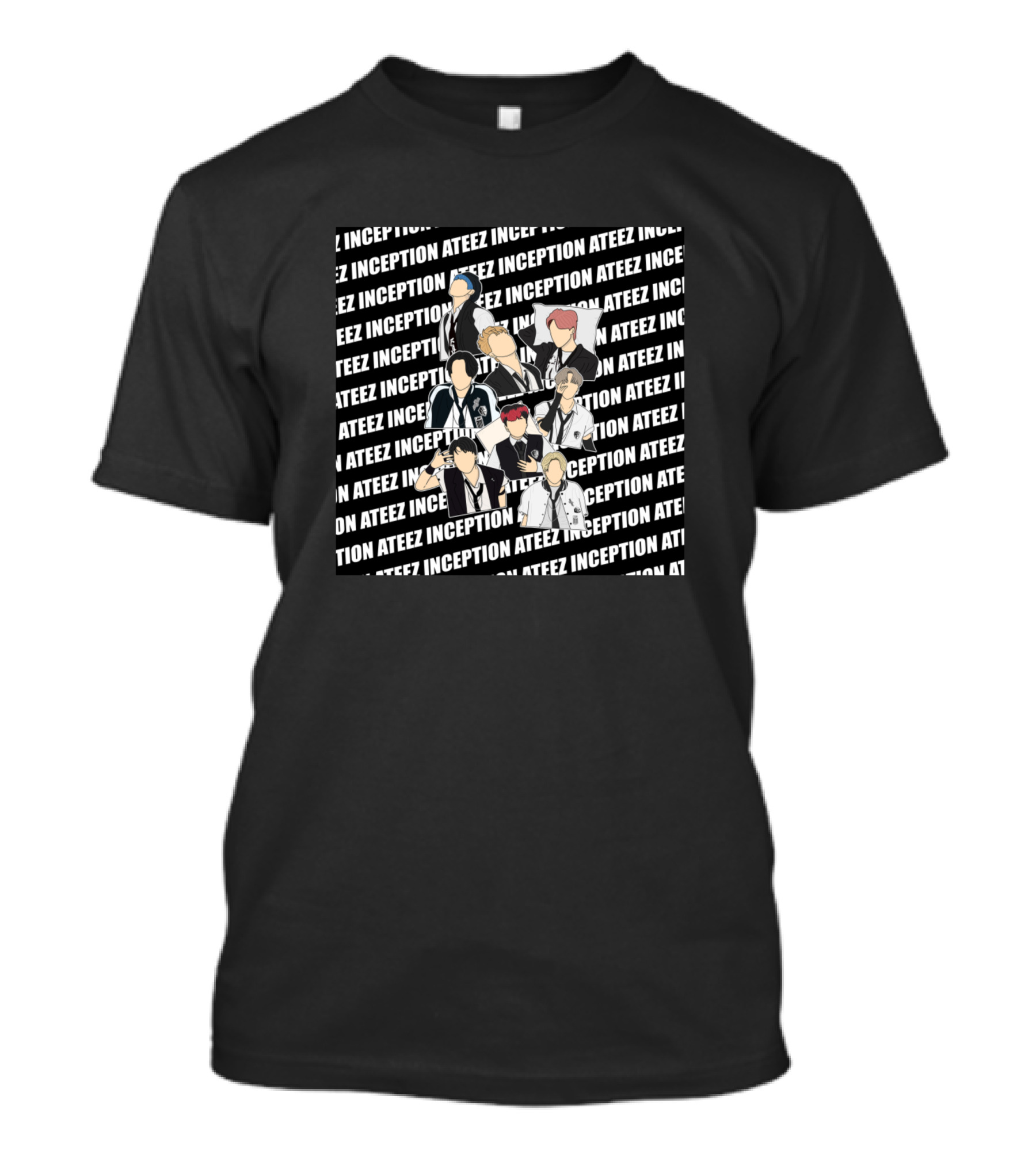 Ateez Inception Repeated Text With Illustrated Group Members T-Shirt