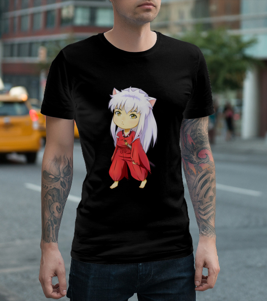 Chibi Inu Yasha White-Haired Anime Character In Red Robe T-Shirt