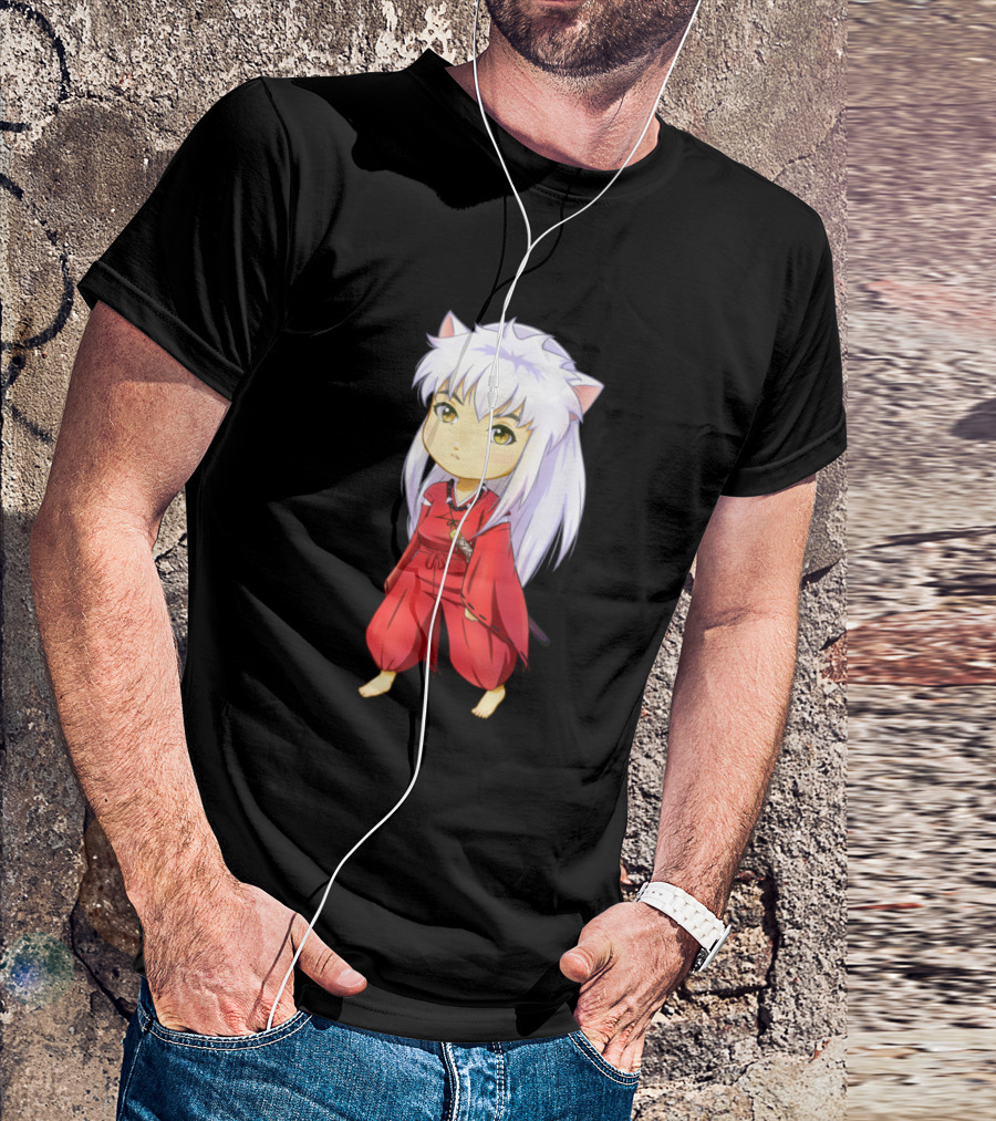 Chibi Inu Yasha White-Haired Anime Character In Red Robe T-Shirt