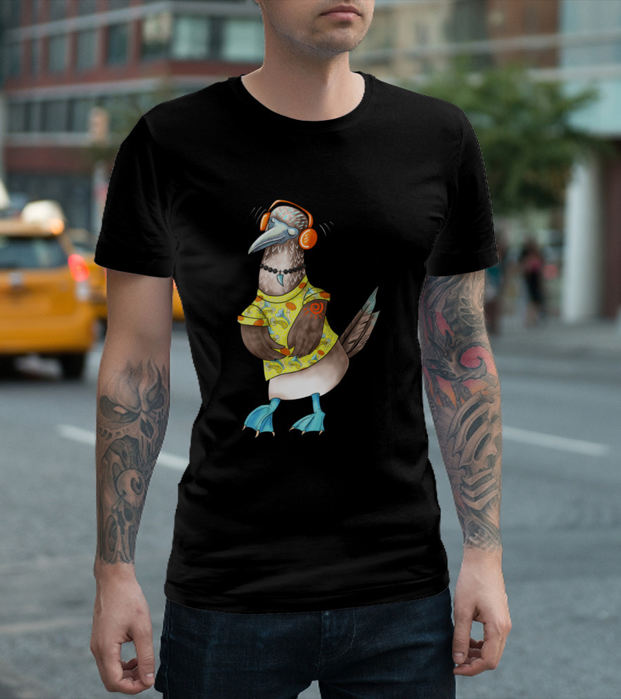 Cool Bird With Funky Headphones and Psychedelic T-Shirt