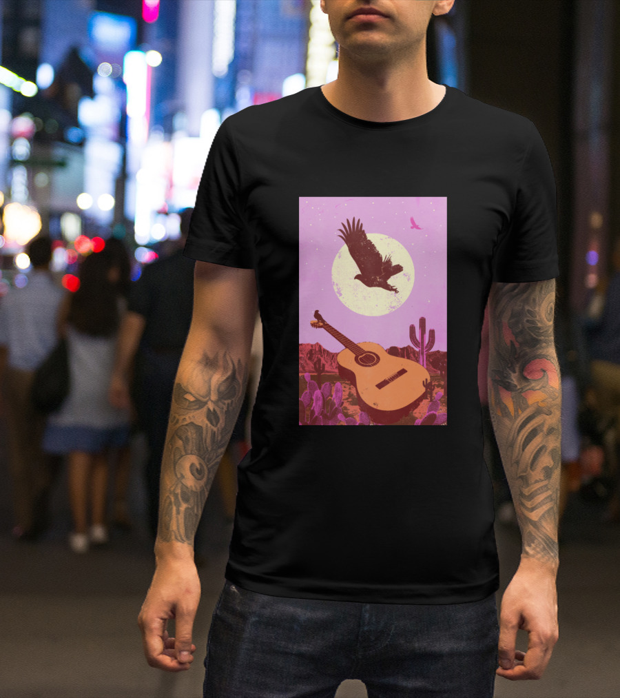 Desert Guitar Eagle Moon Cactus Landscape T-Shirt