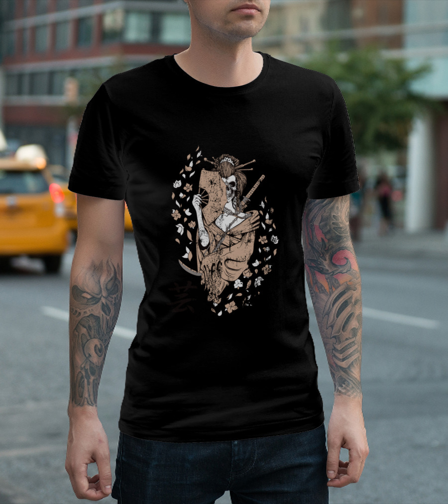 Geisha Skull with Katana and Floral Elements T-Shirt