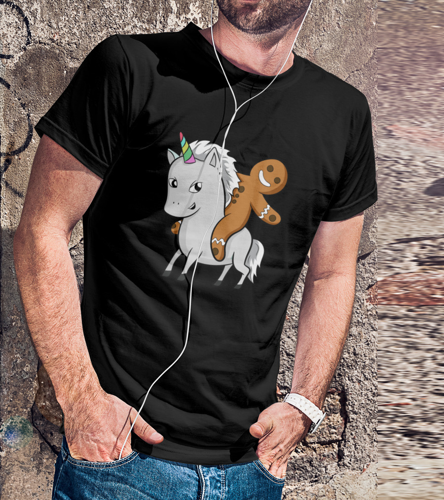 Gingerbread Man Riding Unicorn Rainbow Horn Christmas Fun T-Shirt