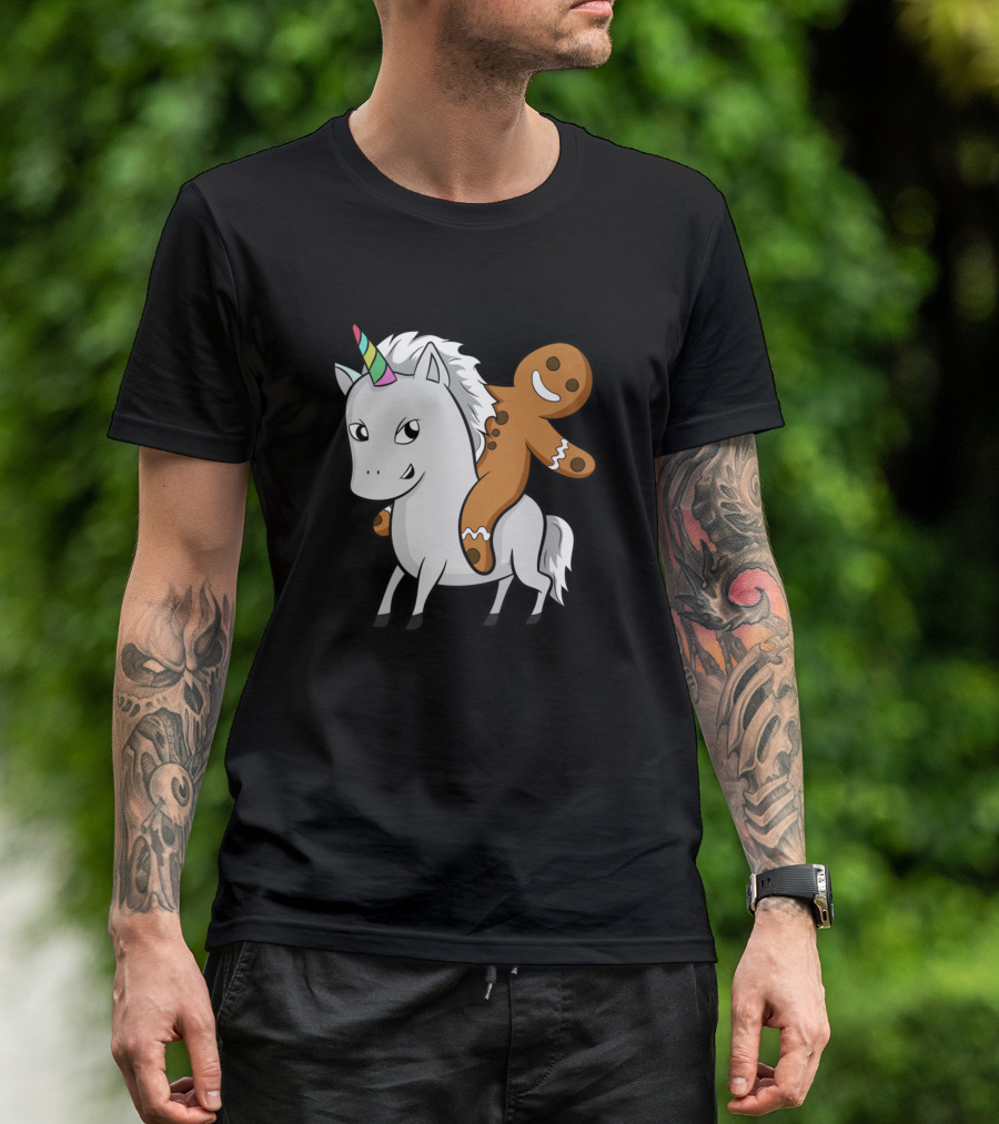 Gingerbread Man Riding Unicorn Rainbow Horn Christmas Fun T-Shirt