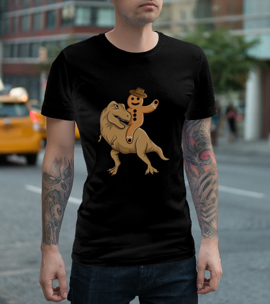 Gingerbread Man In Hat Riding T-Rex T-Shirt