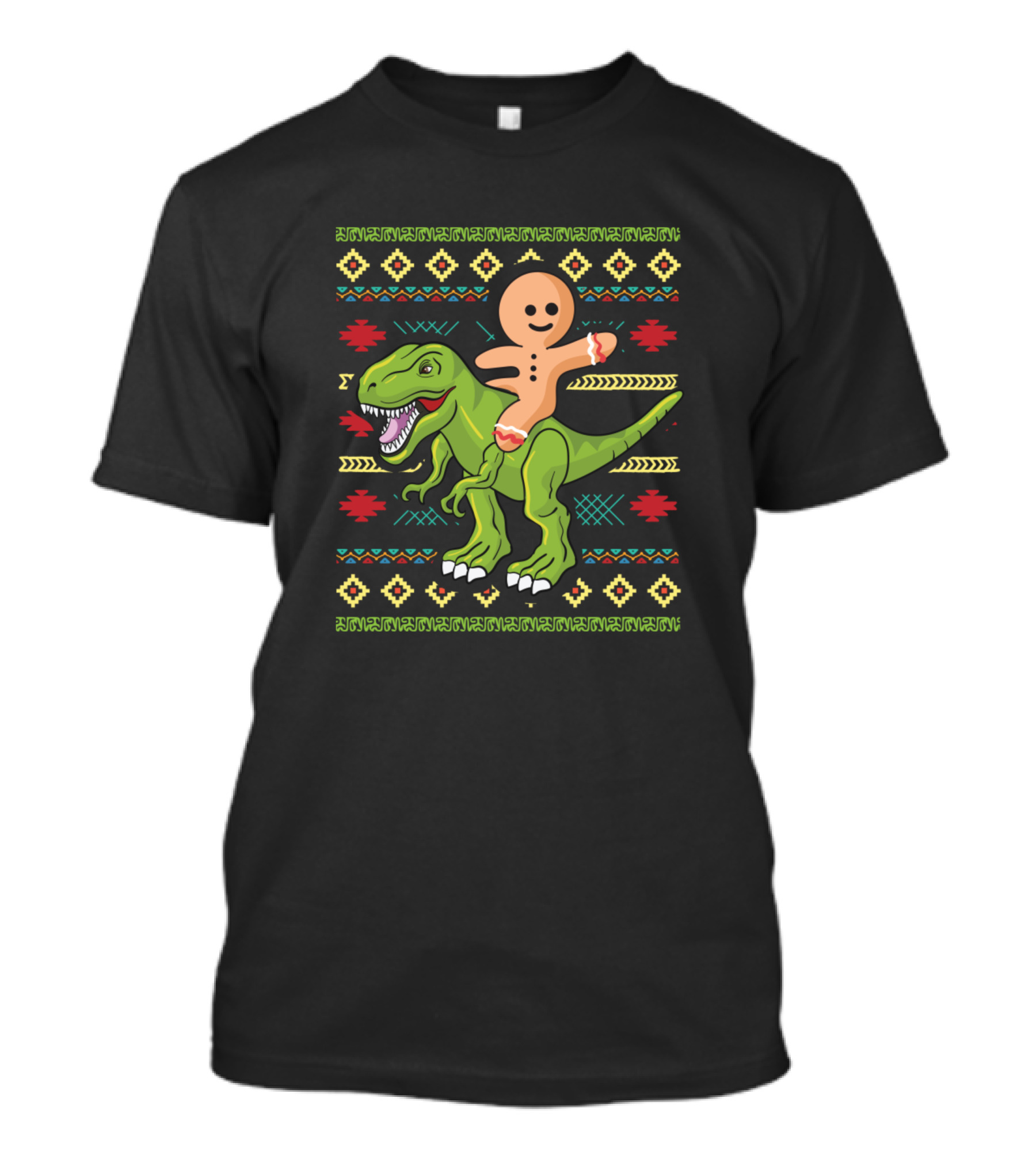 Gingerbread Man Riding T-Rex Dinosaur Ugly Christmas T-Shirt