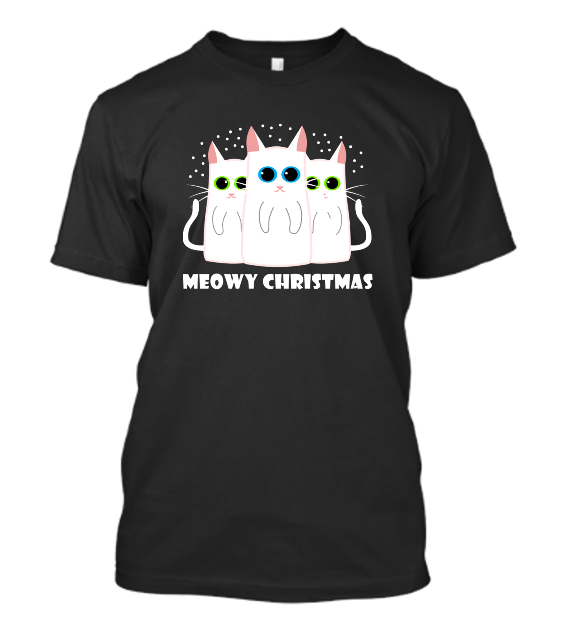Meowy Christmas White Cats Trio With Colorful Eyes And Snow Dots T-Shirt