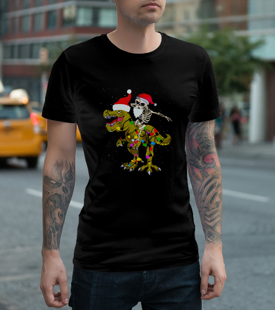 Skeleton Santa Riding Festive T-Rex T-Shirt