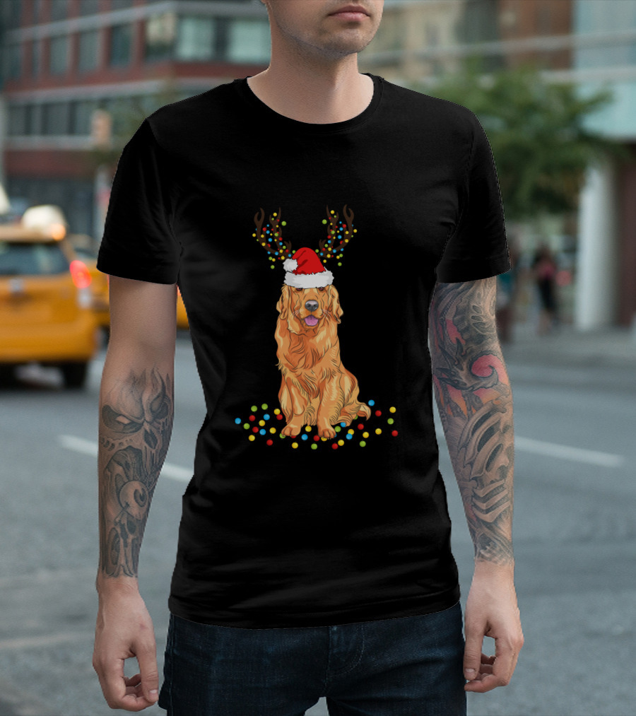 Xmas Dog With Santa Hat And Antlers Christmas Lights T-Shirt