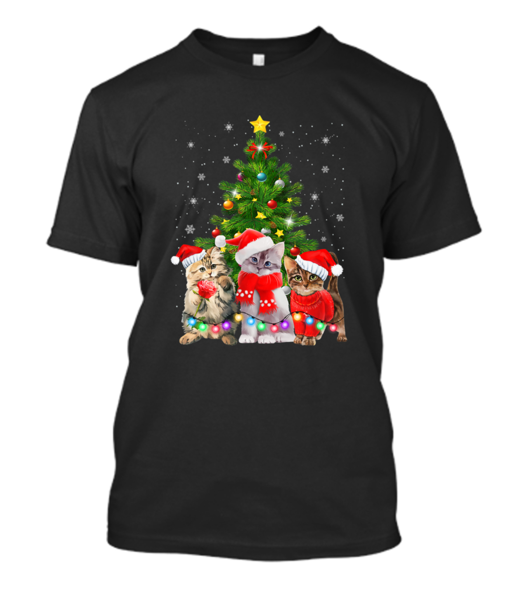 Meowy Cat Christmas Tree Funny Cat Christmas With Santa Hats And Lights T-Shirt