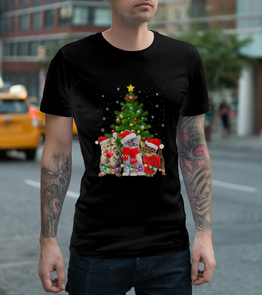 Meowy Cat Christmas Tree Funny Cat Christmas With Santa Hats And Lights T-Shirt